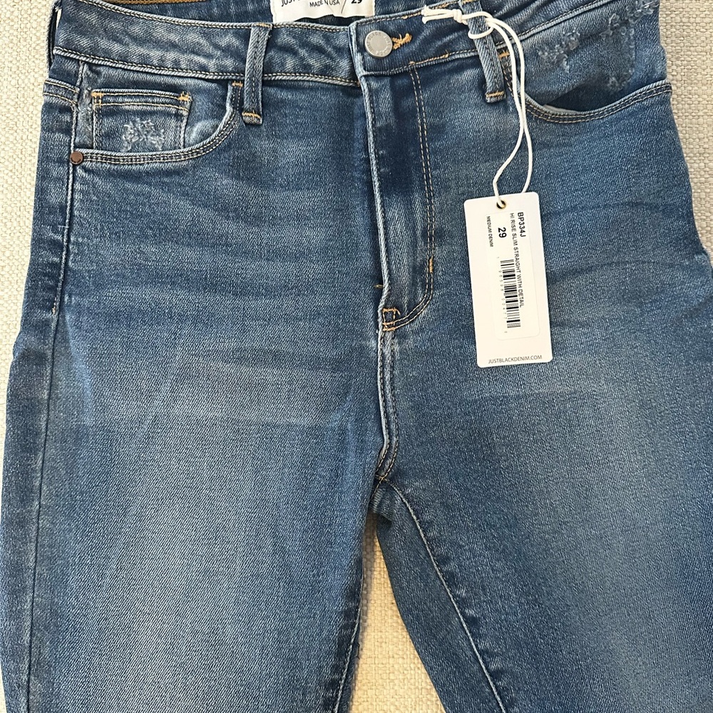 Medium Wash Denim Raw distressed Hem Straight Jeans